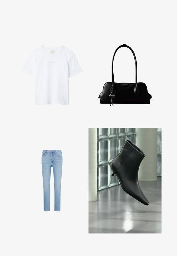 T-shirt blanc à manches courtes avec col rond, avec un logo « Calvin Klein » subtilement brodé sur la poitrine et une étiquette à l’intérieur du col.; Jean slim bleu clair avec cinq poches, bouton à l’avant et fermeture éclair, présenté sur fond blanc.; Bottine en cuir noir à bout pointu et petit talon kitten, présentée en angle devant un sol poli et un mur en blocs de verre.; Sac à main en cuir noir Calvin Klein avec de longues anses, une étiquette logo à l'avant et un charme géométrique argenté suspendu à une anse.