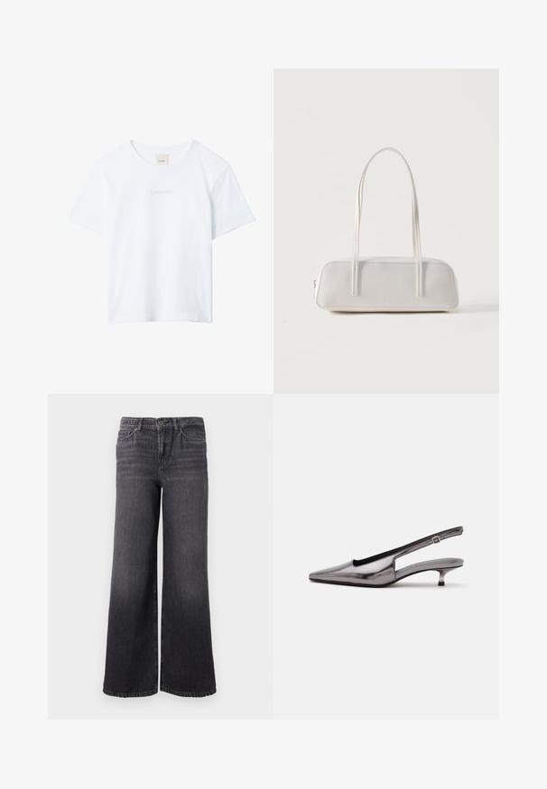 T-shirt blanc à manches courtes avec col rond, avec un logo « Calvin Klein » subtilement brodé sur la poitrine et une étiquette à l’intérieur du col.; Jean en denim gris foncé à jambe large avec un dégradé subtil, doté d'une fermeture à bouton, de cinq poches et d'un ourlet droit au niveau de la cheville.; Chaussure slingback gris métallique à bout pointu, petit talon kitten et bride réglable sur fond blanc.; Sac d'épaule rectangulaire blanc avec des bretelles longues et fines, couture minimale, et fermeture éclair sur un fond uni.