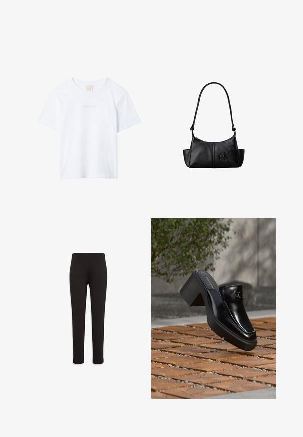 T-shirt blanc à manches courtes avec col rond, avec un logo « Calvin Klein » subtilement brodé sur la poitrine et une étiquette à l’intérieur du col.; Leggings noirs avec une texture de tissu lisse, un design ajusté et une ceinture élastique ; longueur cheville avec un style simple et sans ornement.; Mule slip-on en cuir noir Calvin Klein avec talon bloc reposant sur des carreaux en bois à l'extérieur près d'une plante verte et d'un mur gris.; Sac à bandoulière en cuir noir avec une longue sangle, des poches latérales et le logo Calvin Klein embossé sur le devant.