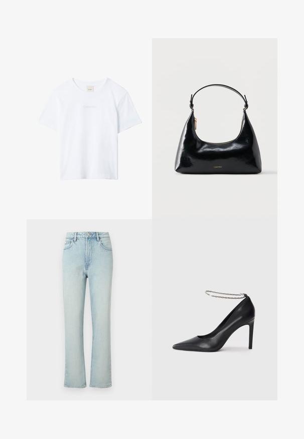 T-shirt blanc à manches courtes avec col rond, avec un logo « Calvin Klein » subtilement brodé sur la poitrine et une étiquette à l’intérieur du col.; Jean bleu clair taille haute à jambes droites avec bouton avant, passants de ceinture et design classique à cinq poches sur fond uni.; Escarpin noir en cuir avec un bout pointu, doté d'une fine bride de cheville en chaîne argentée et d'une texture lisse et élégante.; Sac à main Calvin Klein noir brillant avec fermeture éclair dorée et anse courte sur fond blanc uni.