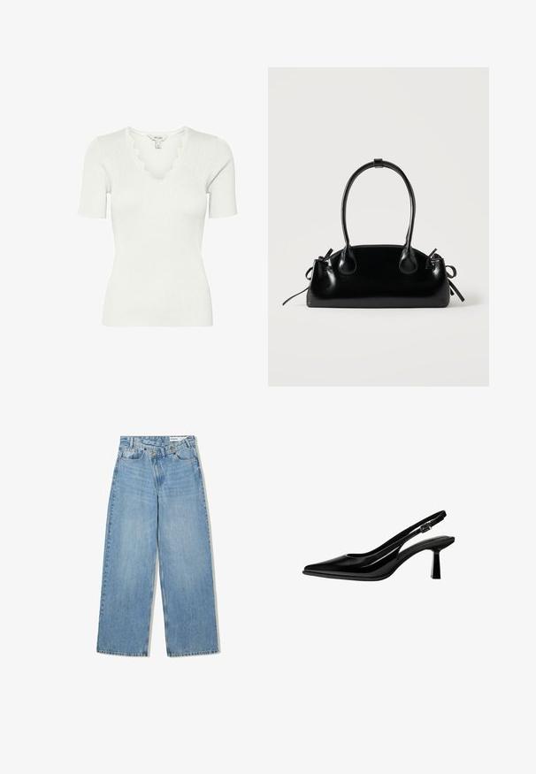 Hvid kortærmet ribbet top med V-hals og bølget kant. Lavet af et blødt stof, har den en tætsiddende pasform og tekstureret overflade.; Lyseblå vide denimjeans med høj talje, fem lommer, knaplukning og diskret falmning for tekstur.; Sort laklæder slingback pump med spids tå, mellemhøj blokhæl og justerbar spænde rem på hvid baggrund.; Lille sort blank håndtaske med to lange håndtag og snøre-detaljer i siden på en ensfarvet lys baggrund.