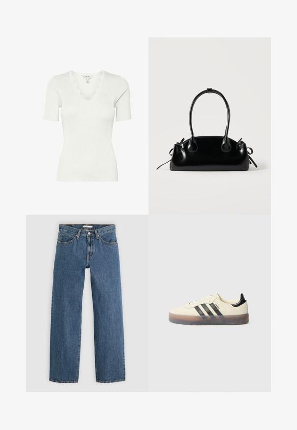 Haut blanc côtelé à manches courtes avec encolure en V festonnée, silhouette ajustée et petite étiquette en tissu au niveau de l'arrière du col.; Jean en denim bleu avec une coupe droite, comportant cinq poches, une fermeture à bouton et des coutures contrastées le long des coutures.; Baskets beiges avec trois bandes noires, bout rond, semelle en caoutchouc texturée et dessus lisse. Caractérisées par un talon rembourré et un marquage minimal.; Petit sac à main noir brillant avec deux longues anses et des détails à cordon sur les côtés sur un fond clair uni.