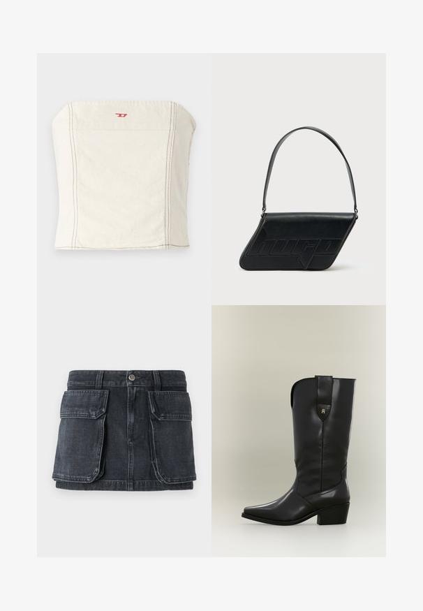 Svetlo béžový, priliehavý crop top vyrobený z bavlny, s rovnými ramenami, minimálnymi švovými detailmi a malým červeným logom na prednej strane.; Čierna džínsová sukňa s priliehavým pásom, zapínaním na gombík, dvoma veľkými prednými vreckami a kontrastným šitím.; Vysoká čierna kožená kovbojská čižma so špicatou špičkou, masívnym podpätkom a slučkou s malým zlatým logom.; Čierna kožená taška cez rameno v trojuholníkovom tvare, s vyrazeným logom a jedným nastaviteľným pásikom. Minimalistický dizajn s hladkou textúrou.