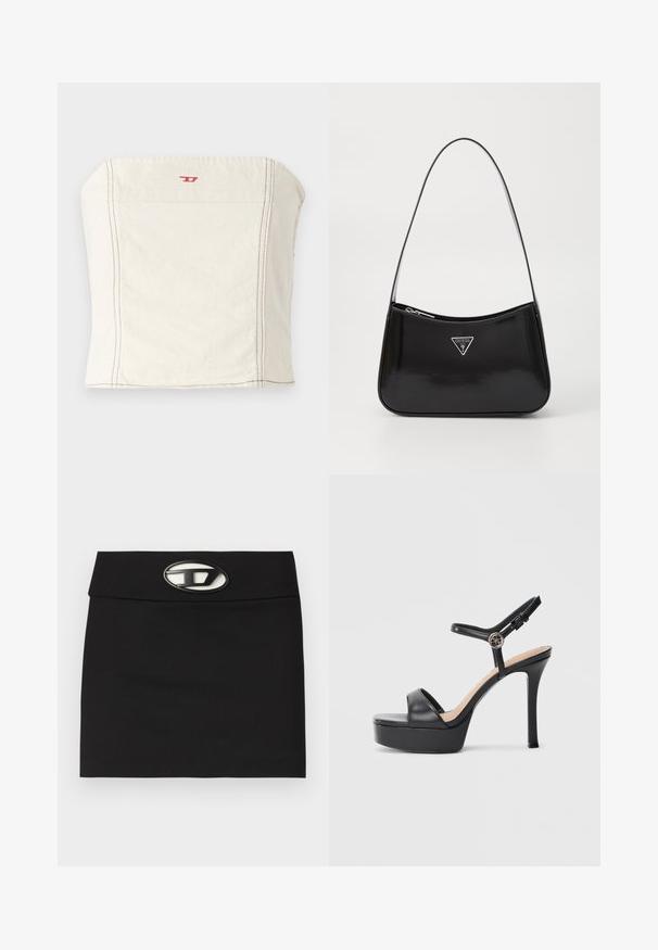 Haut court ajusté beige clair en coton, avec une encolure droite, des détails de couture minimalistes et un petit logo rouge à l'avant.; Mini-jupe noire avec une taille plate. Dotée d'une boucle logo métallique proéminente à l'avant. Fabriquée en tissu lisse sans motifs visibles.; Sandales à plateforme noires avec un talon haut stilettos, dotées d'une tige en cuir lisse, d'un bout ouvert et d'une bride de cheville ajustable avec ferrures.; Sac à épaule en cuir verni noir avec une forme incurvée, présentant un logo triangle en argent et une fermeture éclair. Texture lisse et bandoulière fine.