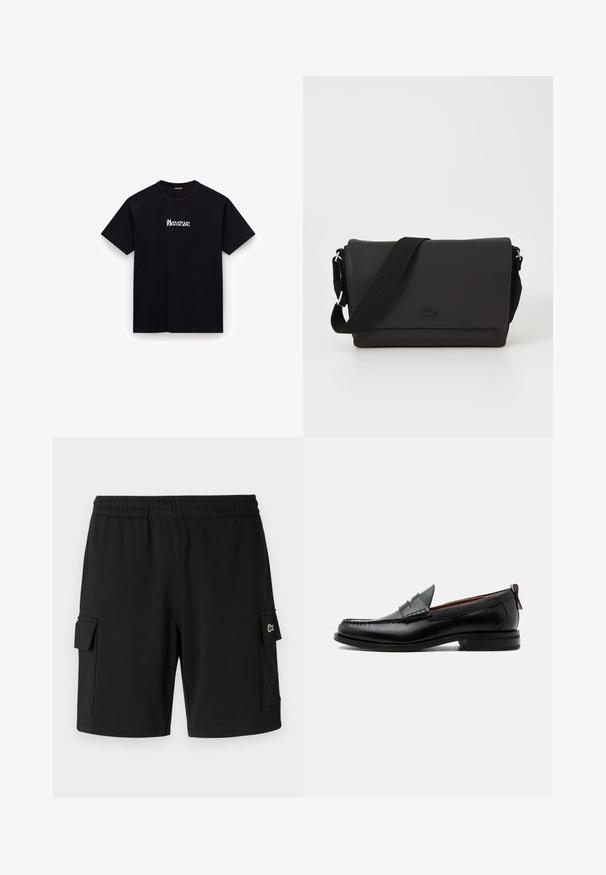 Zwarte katoenen T-shirt met een ronde hals, korte mouwen en een wit gestileerd tekstlogo op de borst. Soepele textuur, casual pasvorm.; Zwarte shorts van zacht materiaal, met een elastische tailleband, twee zijvakjes en een klein logo-label op één zak.; Zwarte leren herensloffen met moc toe stiksel, pennyriem, gestructureerde kraag en lage gestapelde hak op witte achtergrond.; Lacoste MESSENGER BAG MEN CLASSIC - Schoudertas - noir