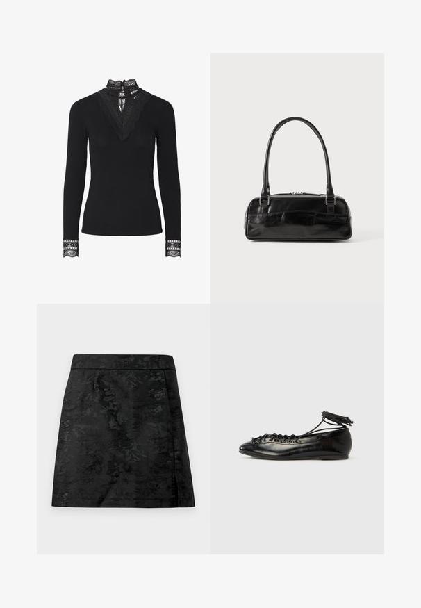 Top negro de canalé con mangas largas y un alto collar de encaje. Los acentos de encaje notables en el escote y los puños añaden textura y detalle.; Falda negra con un estampado floral, textura suave y corte ajustado. Presenta una cinturilla y un corte recto con un ligero acampanado.; Zapatos planos tipo ballet de charol negro con punta redondeada, diseño con cordones y suela plana. Textura lisa con detalles mínimos.; Bolso de mano de cuero negro con forma rectangular, equipado con un asa estructurada, herrajes en plata y cierre de cremallera. Textura suave.