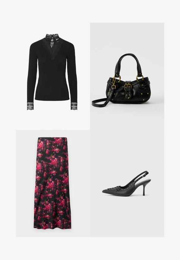 Haut noir à côtes avec manches longues et col en dentelle haute. Des accents en dentelle notables au niveau du col et des poignets ajoutent de la texture et du détail.; Jupe midi florale noire, dotée d'un motif vibrant de fleurs roses et rouges. Tissu lisse, forme évasée, avec un ourlet large.; Escarpin en cuir noir à talon aiguille avec un bout pointu, une bride latérale à boucle, des clous le long du bord et un laçage décoratif à l'avant.; Sac à main en cuir noir avec boucle dorée et détails à rivets, poignées courtes et bandoulière réglable sur fond blanc uni.