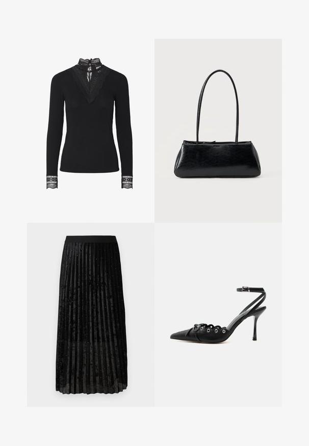 Top negro de canalé con mangas largas y un alto collar de encaje. Los acentos de encaje notables en el escote y los puños añaden textura y detalle.; Falda negra plisada de terciopelo, con un acabado texturizado y adornos brillantes distribuidos uniformemente por toda la tela.; Zapato de tacón alto negro con punta fina, bordes ondulados, ojales metálicos, cordones delanteros y una correa en el tobillo con cierre de hebilla.; Bolso de hombro rectangular negro con correas largas y delgadas y una textura lisa y brillante sobre un fondo liso.