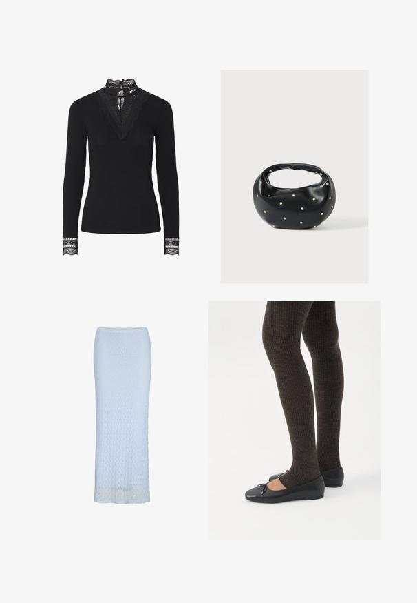 Zwarte geribbelde top met lange mouwen en een hoge kanten kraag. Opvallende kanten accenten bij de halslijn en manchetten voegen textuur en detail toe.; Lichtblauwe kanten kokerrok met recht model, hoge taille en halftransparante bloemenkant die tot aan de enkellengte reikt.; Benen met donkere geribbelde leggings gecombineerd met zwarte ballerina's met kleine strikdetails op een witte achtergrond.; Zwarte leren handtas met een afgeronde vorm, versierd met zilveren studs, en een korte handgreep. Gladde textuur en ritsluiting.