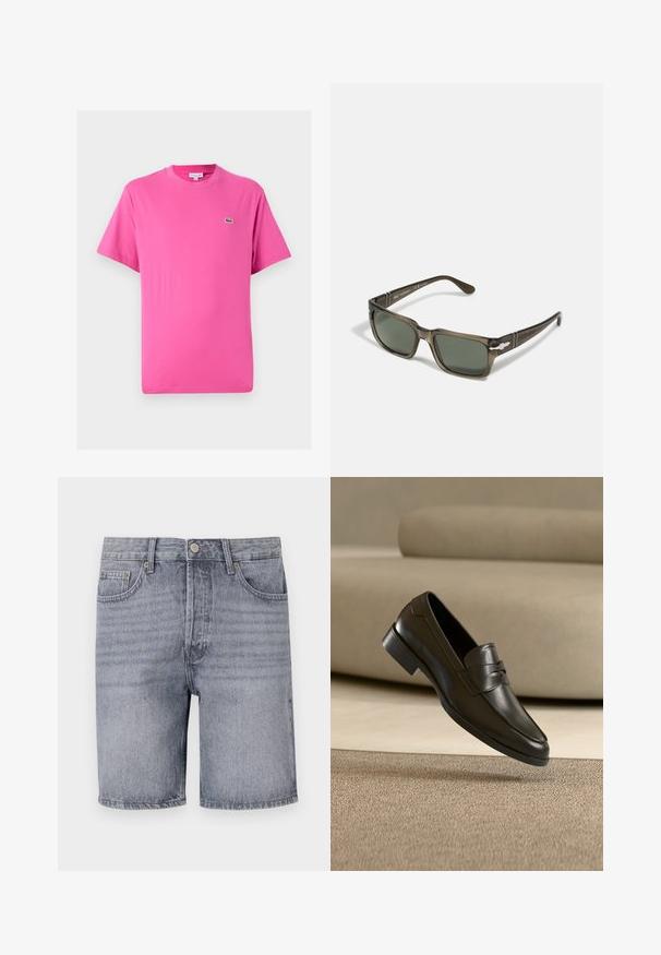 Kurzärmliges T-Shirt aus leuchtend pinkem Baumwollstoff, mit Rundhalsausschnitt und einem kleinen grünen Krokodil-Logo auf der linken Brust.; Hellgraue Denim-Shorts mit klassischem Schnitt, fünf Taschen, Knopfverschluss und leicht verblichenem Material.; Schwarzer Leder-Slipper, der über einem beigen Teppich schwebt, mit einem beigen Sofa im Hintergrund, und zeigt das klassische Herren-Design zum Hineinschlüpfen.; Braune rechteckige Sonnenbrille mit dunkelgrünen Gläsern. Verfügt über gemusterte schwarze Bügel und metallische Akzente an den Seiten. Leichter Kunststoffrahmen.