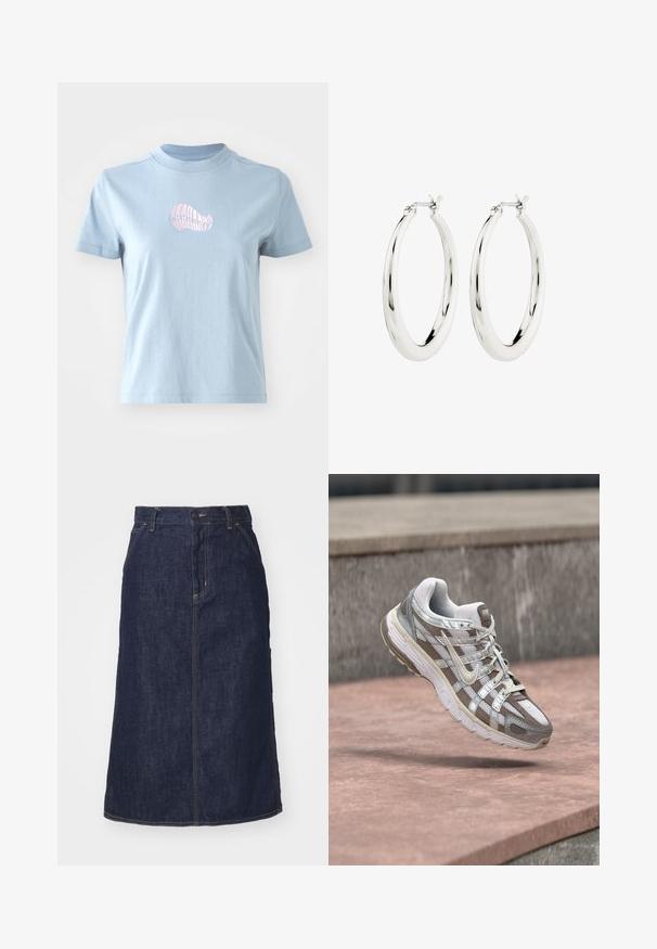 Lyseblå bomulds T-shirt med korte ærmer og høj halsudskæring, prydet med et lille pink broderet skaldesign på forsiden.; Mørk denimnederdel med høj talje, lige skæring, forlommer og stikninger. Har lynlås og knaplukning i taljen.; Hvid og grå Nike løbesko svævende over en lyserød betonoverflade med en grå stenmur i baggrunden.; Sølvøreringe i form af hoops med en glat, blank finish. Cirkulær form, der har en sikker lås. Simpelt og elegant design.