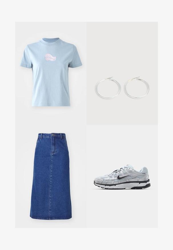 Helles blaues Baumwoll-T-Shirt mit kurzen Ärmeln und hohem Ausschnitt, das auf der Vorderseite ein kleines pinkes besticktes Muschel-Design zeigt.; Dunkelblauem Denim-Rock mit tailliertem Bund, gerader Silhouette und vorderen Nähten, mit einem Saum, der unter dem Knie endet.; Nike P-6000 Sneakers mit einem Obermaterial aus leichtem grauem Mesh, schwarzen Akzenten und einer langlebigen schwarzen Gummisohle. Verfügt über ein komplexes Design und ein Schnürsystem.; Paar glänzende silberne Creolen mit dünnen Drahtverschlüssen, dargestellt vor einem hellgrauen Hintergrund.