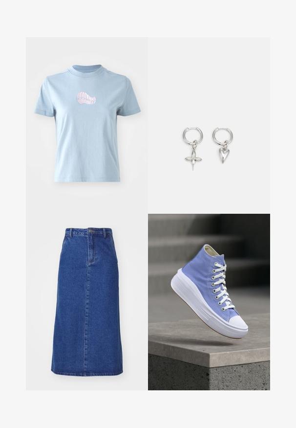 Lyseblå bomulds T-shirt med korte ærmer og høj halsudskæring, prydet med et lille pink broderet skaldesign på forsiden.; Denimnederdel i mørkeblå, med en tætsiddende talje, lige silhuet og forsømmer, samt en kantlinje der falder under knæet.; Lys lilla højtopet sneaker med hvide snørebånd og tyk hvid sål, der svæver over en grå betongulv.; Sølv hoop øreringe med et kors og hjerte charm. Glat, skinnende tekstur med en poleret finish. Hver charm hænger fra en sikker løkke.