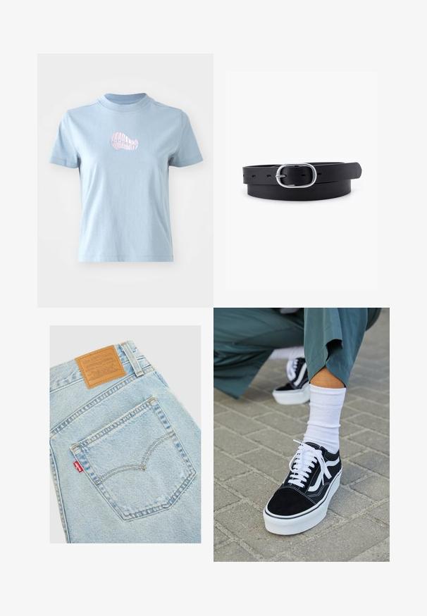 Lichtblauw katoenen T-shirt met korte mouwen en een hoge hals, met een klein roze geborduurd schelpdierontwerp aan de voorkant.; Lichtblauwe denim jeans met achterzak en een leren patch met het Levi's logo en een rood label op de zaknaad.; Zwarte suède sneaker met witte accenten en veters, uitgerust met een dikke witte zool en contrasterende stiksels, gecombineerd met een witte sok.; Zwarte leren riem met een gladde textuur, ovaal zilveren metalen gespsluiting en meerdere verstelgaten langs de band. Platte, minimalistische uitstraling.
