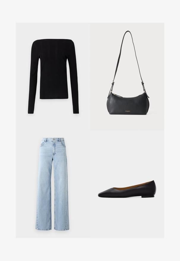 Zwarte langemouwen top met een rechte halslijn en ribbelstructuur, met een aansluitende pasvorm en zonder zichtbare hardware of accenten.; Lichte blauwe denim jeans met een hoge taille en wijde pijpen, met vijf zakken en een vervaagde textuur. Heeft gestikte details en een rechte snit aan de zoom.; Zwarte leren puntschoen met lage hak en gladde afwerking, zijaanzicht op een lichtgrijze achtergrond.; Kleine zwarte leren schoudertas met verstelbare band en gouden rits, met subtiele gouden merktekst aan de voorkant.