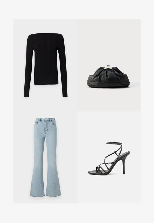 Sort langærmet top med en lige halsudskæring og ribbet tekstur, der har en tætsiddende silhuet og ingen synlig hardware eller dekorationer.; FRAME THE ARROW - Flared jeans - blue; Sort højhælet sandal med tynde stropper, en ankelspænde, en glat læderoverflade og en slank stilethæl.; Sort læderclutch med en samlet tekstur, metal lukning og diskret præget logo på forsiden. Rundet form.