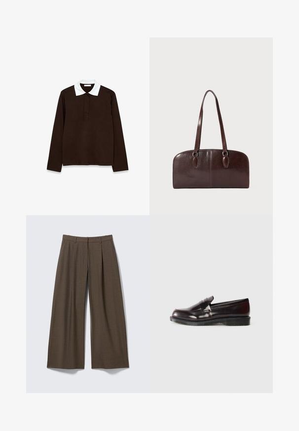 Camisa polo de manga larga en tejido marrón oscuro con un cuello texturizado blanco y placket de tres botones. Material suave y cómodo.; Pantalones de pernera ancha con raya diplomática marrón, con trabillas para el cinturón y pliegues frontales, exhibidos planos sobre un fondo gris claro.; Mocasines de piel burdeos con una superficie lisa, un detalle de costura elevada y una suela de goma. Diseñados con una puntera redondeada y un hardware minimalista.; Bolso de piel marrón con dos asas largas, forma rectangular estructurada, textura suave y bordes redondeados. Presenta detalles de acentuación en las asas.