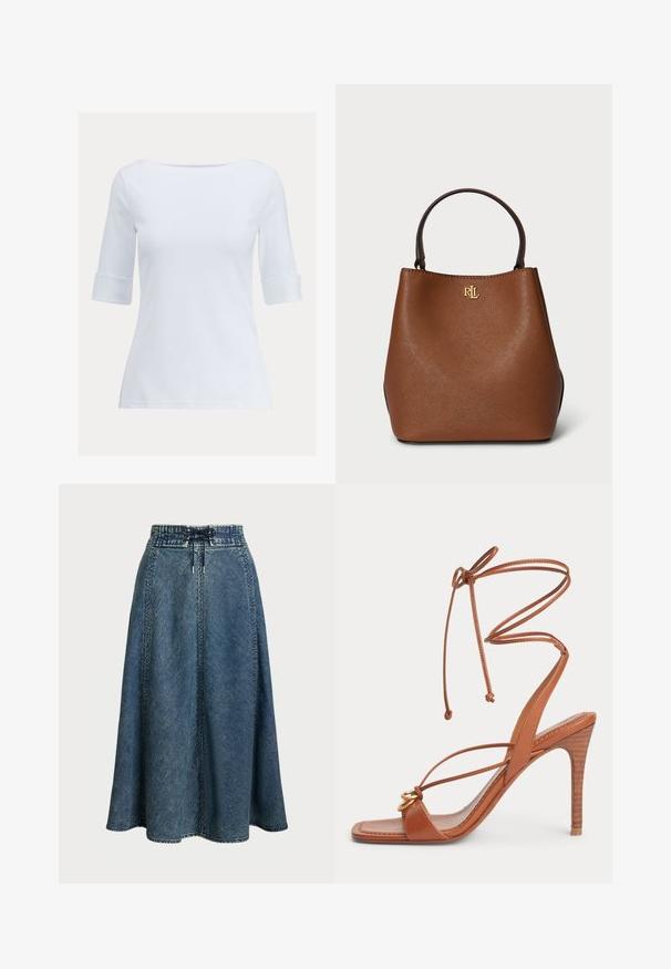 Valkoinen puuvillapaita, jossa on leveä kaula-aukko, kolmannes hihat ja käännetyt hihansuut. Tasainen rakenne, istuva muotoilu ja ei näkyviä kuvioita.; Lauren Ralph Lauren DENIM DRAWCORD MIDI SKIRT - Farkkuhame - haze wash; Ruskea nahkainen korkokantainen sandaali, jossa ohuet hihnat, nilkkasidonta, neliömäinen kärki ja kultainen rengas yksityiskohtana etukapassa.; Ruskea nahkainen kassi, jossa on jämäkkä muoto, tekstuuripinta ja kultainen logokiinnitys edessä. Kaksoiskahvat ylhäällä.