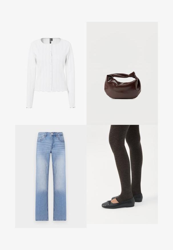 Cardigan blanc à côtes avec des manches longues, un col rond et une fermeture à boutons. L'ourlet et les poignets à bord festonné ajoutent de la texture au design.; Jean en denim bleu clair avec une coupe droite, présentant un délavage aux extrémités et un style classique à cinq poches.; Jambes portant des leggings côtelés foncés associés à des ballerines noires avec de petits détails en nœud sur fond blanc.; Sac bandoulière en cuir marron foncé avec une forme souple et décontractée et une anse nouée torsadée sur un fond blanc uni.