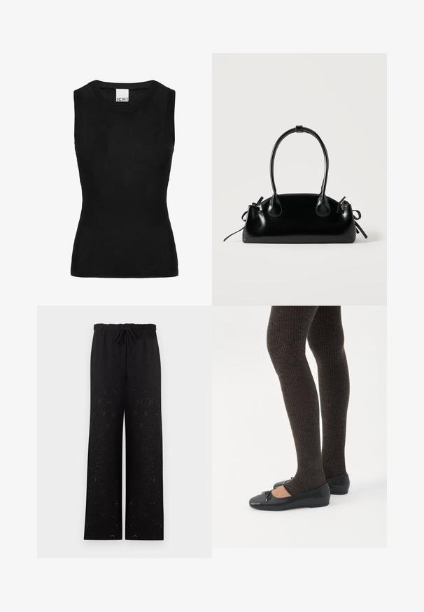 Zwarte mouwloze top van geribbeld breimateriaal; heeft een ronde halslijn en een aansluitende pasvorm. Het label zegt "ICHI" bij de halslijn.; Zwarte broek met wijde pijpen, elastische tailleband en geknoopt trekkoord, met een subtiel eyelet-bloemenpatroon over het hele oppervlak.; Benen met donkere geribbelde leggings gecombineerd met zwarte ballerina's met kleine strikdetails op een witte achtergrond.; Kleine zwarte glanzende handtas met twee lange hengsels en zijkant trekkoord details op een effen lichte achtergrond.