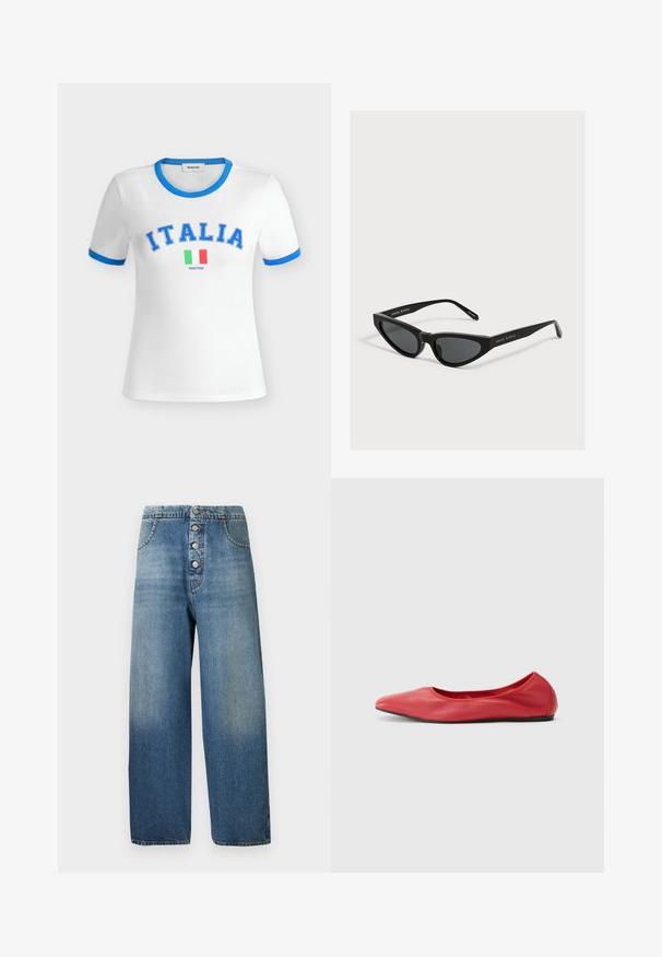 T-shirt blanc à manches courtes avec col bleu et bordures de manches bleues, texte bleu "ITALIA" et petit drapeau italien avec "MODSTRÖM" en dessous.; Jean en denim bleu clair à jambes larges avec fermeture à cinq boutons, taille haute et poches classiques. Décoloration progressive de haut en bas. Pas de motifs.; Filippa K REY FLATS - Ballerines - bright red; Lunettes de soleil noires forme œil de chat avec verres foncés et branches fines, marquées "MAGDA BUTRYM" sur le côté.
