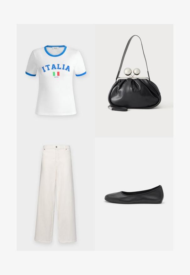 T-shirt blanc à manches courtes avec col bleu et bordures de manches bleues, texte bleu "ITALIA" et petit drapeau italien avec "MODSTRÖM" en dessous.; Pantalons à jambes larges en coton couleur crème. Comprend une fermeture à bouton, des passants de ceinture et deux poches avant. Texture lisse avec un minimum de détails.; Ballerines en cuir noir avec un bout rond, texture lisse, détails de couture minimalistes et design de semelle flexible.; Sac à main en cuir noir avec un design plissé, une sangle unique, un cadre métallique argenté et deux grandes fermoirs ronds en argent.