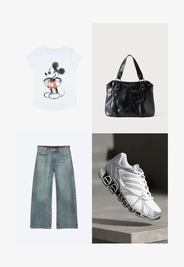 Weißes T-Shirt mit kurzen Ärmeln, das ein Grafikdesign von Mickey Mouse zeigt, illustriert in Schwarz und Rot, mit übergroßen Ohren und runden Schuhen.; Blaue Jeans mit weitem Bein, Vordertaschen, Gürtelschlaufen, Knopfverschluss und dezenten Verwaschungseffekten an Oberschenkeln und Knien.; Sportliche Schuhe mit einem weißen Mesh-Obermaterial und grauen Akzenten, ausgestattet mit einem einzigartigen Sohlendesign mit kreisförmigen Ausschnitten für verbesserten Komfort.; Schwarze Leder-Schultertasche mit doppelten Trägern, befestigt durch goldene Ringe und Nieten, glatte und leicht glänzende Oberfläche, schlichtes Design.