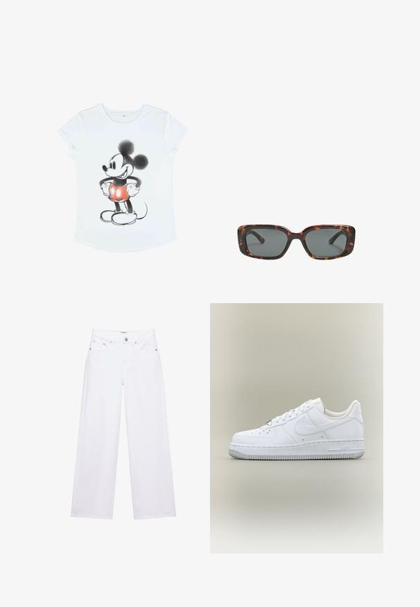 Hvid t-shirt med korte ærmer, der har et grafisk motiv af Mickey Mouse, illustreret i sort og rød med overdimensionerede ører og runde sko.; Hvide jeans med høj talje og vide ben med knap- og lynlåslukning, for- og baglommer samt sølvfarvede nitter som detaljer.; Hvid Nike Air Force 1 sneaker med lavt skaft, snørebånd, perforeret tå og tekstureret gummisål på neutral baggrund.; Skildpaddedesolbriller med rektangulære linser, tykke stel og mørkt tonede linser. Glat tekstur og minimalistisk design.