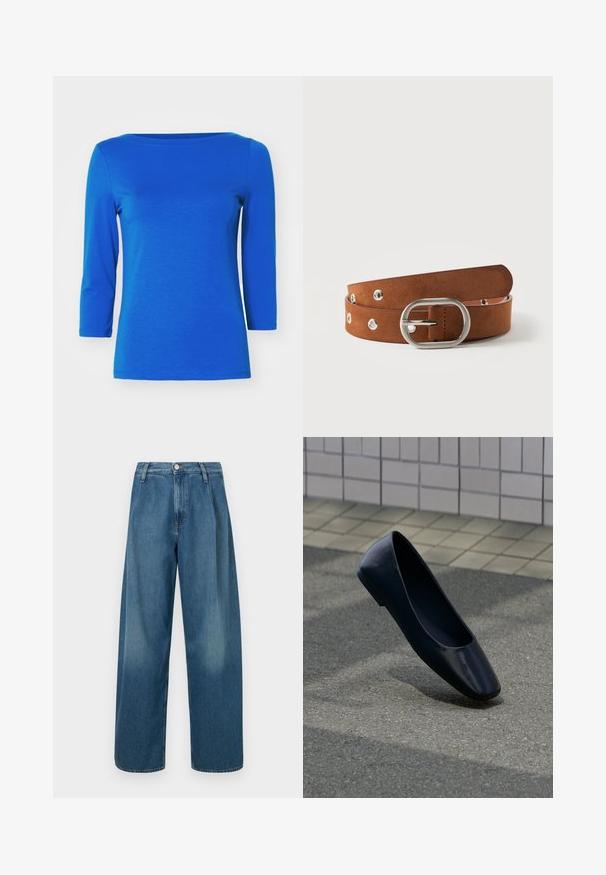 Vero Moda Top s dlhým rukávom - surf the web; Modré džínsové nohavice s širokými nohavicami, vyrobené z denimu, so zvýšeným pásom, zapínaním na gombíky vpredu a jemným vyblednutím na látke.; Čierna kožená rovnoplstá obuv stojaca vzpriamene na asfaltovom povrchu blízko dlažobného okraja chodníka.; Hnedý semišový opasok so striebornou oválnou prackou a kovovými okami, stočený na bielom pozadí.