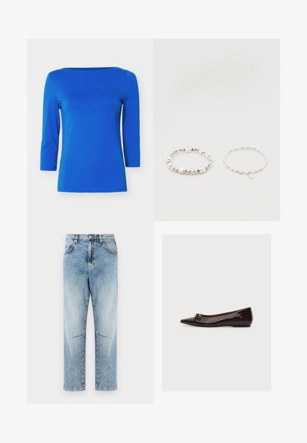 Vero Moda Langærmet T-shirt - surf the web; Lyseblå højtaljede jeans med lige ben, falmet vask, for- og baglommer, bæltestropper, knaplukning og knæsøm detaljer.; Mørkebrun ballerinaflad i laklæder med spids tå, lille sløjfe foran og lav sort sål, vist på hvid baggrund.; To sølvarmbånd med perler mod en hvid baggrund; det ene med ujævne perler og det andet med ensartede perler og et lille dråbeformet vedhæng.