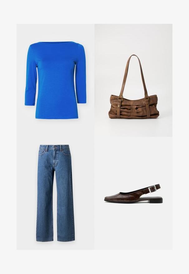 Vero Moda Top s dlhým rukávom - surf the web; Džínsy s širokými nohavicami v modrej farbe, vyrobené z denimu, s klasickým dizajnom piatich vreciek, zapínaním na gombík a jemným prechodom farby, s rovnými nohavicami na okraji.; Tmavohnedá kožená slingbacková plochá obuv so štvorcovou špičkou, krokodíľou štruktúrou a striebornou prackou na remienku.; Even&Odd Kabelka - brown