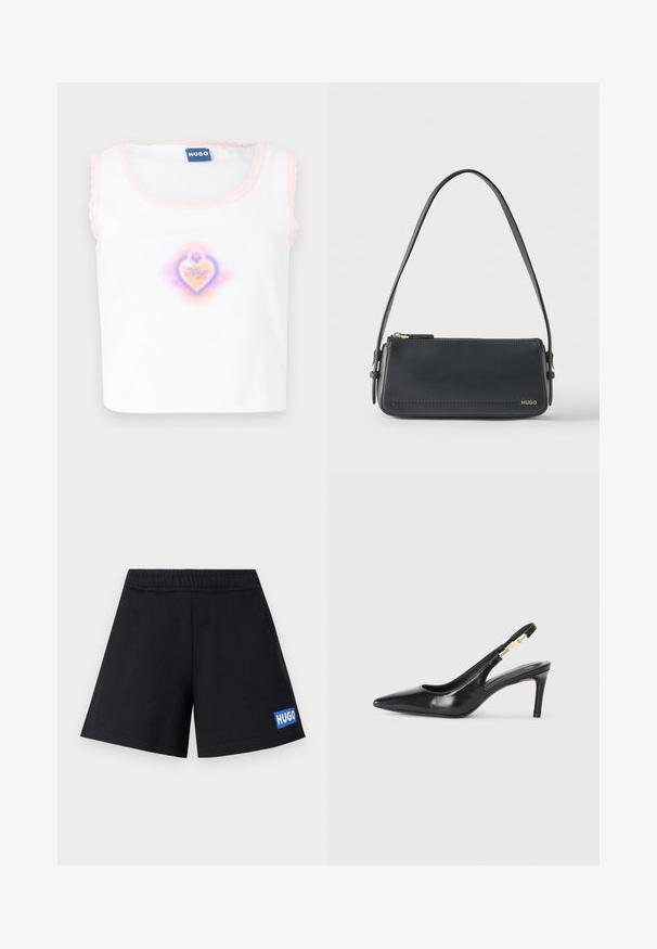 Hvid ærmeløs top med pink bølgekant, med et centreret hjertegrafik i pastelfarver med "Hugo" tekst indeni.; Sorte shorts med en afslappet pasform, elastisk talje og blå "HUGO" logo på venstre lår; lavet af blødt, åndbart materiale.; Sort læder slingback højhælede sko med spidse tæer, glat overflade og en smal ankelrem med guldfarvede hardware detaljer.; Sort rektangulær skuldertaske i læder med guld lynlås og lille guld "HUGO"-logo på fronten, med justerbar strop med spænde.