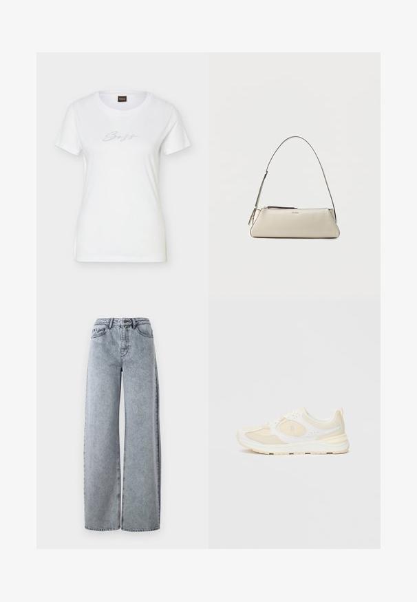 T-shirt blanc ajusté à manches courtes avec encolure ronde et logo "Boss" en strass centré sur la poitrine.; Jeans en denim clair à jambes larges avec une taille haute, dotés de poches à l'avant, de passants de ceinture et de détails de couture contrastants.; Baskets blanches et beige clair avec un dessus en maille et cuir, bout rond, design à lacets, col rembourré et semelle texturée.; Petit sac à épaule en cuir beige avec une fine bandoulière et une fermeture éclair, orné d'un logo métallique discret au centre avant.