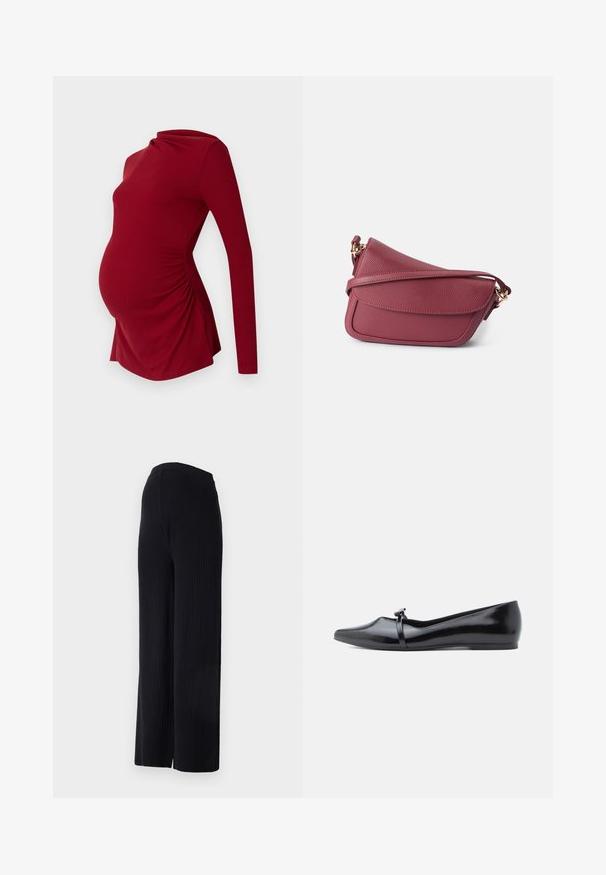 Langærmet rød graviditetstop i ribbet tekstur, med en draperet halsudskæring og sidelæggede detaljer for at rumme en voksende mave.; Even&Odd Maternity FULL LENGTH WIDE RIB PANTS M-EV4_SS22_2-1-A_011 - Wide leg - black; Sort laklæderballerina med spids tå, dekorativ rem og glat tekstur. Minimalistisk design uden synlige detaljer.; Struktureret burgunder lædertaske med tekstureret overflade. Har en buet form, justerbar rem og en klaplukning med guld accenter.