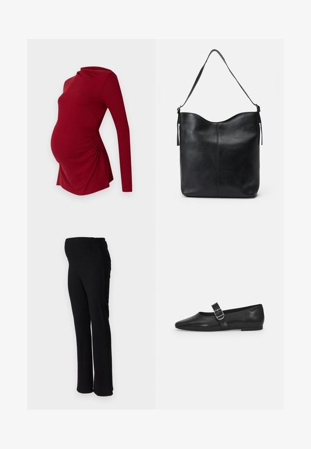 Langærmet rød graviditetstop i ribbet tekstur, med en draperet halsudskæring og sidelæggede detaljer for at rumme en voksende mave.; ONLY MATERNITY OLMHALLE - Bukser - black; Sorte læder flade sko med rund tå, et enkelt justerbart spænde og en glat, blank overflade. Minimalistisk design med en lav hæl.; Sort læder skuldertaske med en glat tekstur, rund top, enkelt strop og minimalistisk design uden synligt hardware.