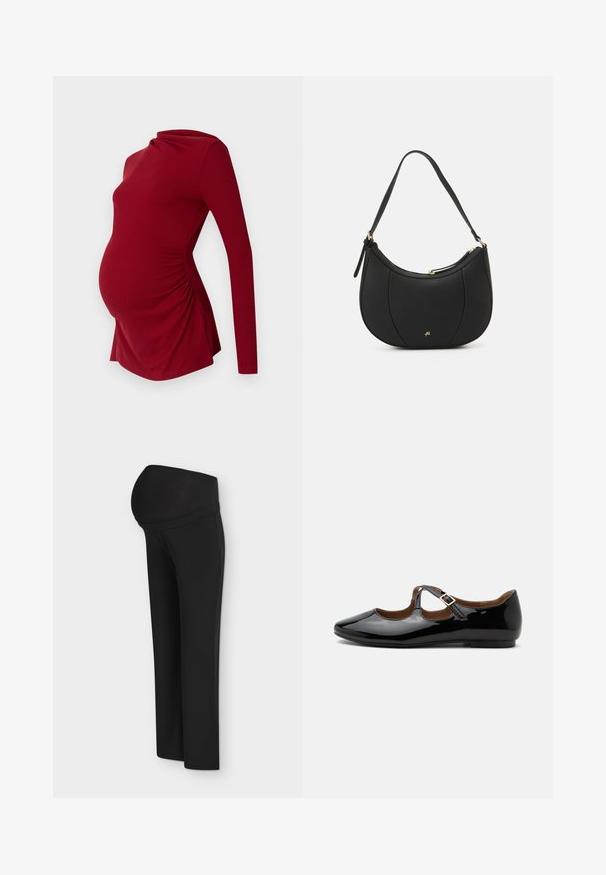 Top de maternidad rojo de manga larga con textura acanalada, que presenta un escote drapeado y fruncido lateral para acomodar una barriga en crecimiento.; Pantalón de maternidad negro con una cinturilla alta y elástica que cubre la barriga y perneras rectas, mostrado sobre fondo blanco.; Zapato plano Mary Jane de charol negro con dos recortes y una correa con hebilla dorada sobre fondo blanco.; Bolso de mano de cuero negro con forma curva, superficie texturizada, costuras frontales y un logo en tono dorado. Cuenta con una sola correa ajustable.