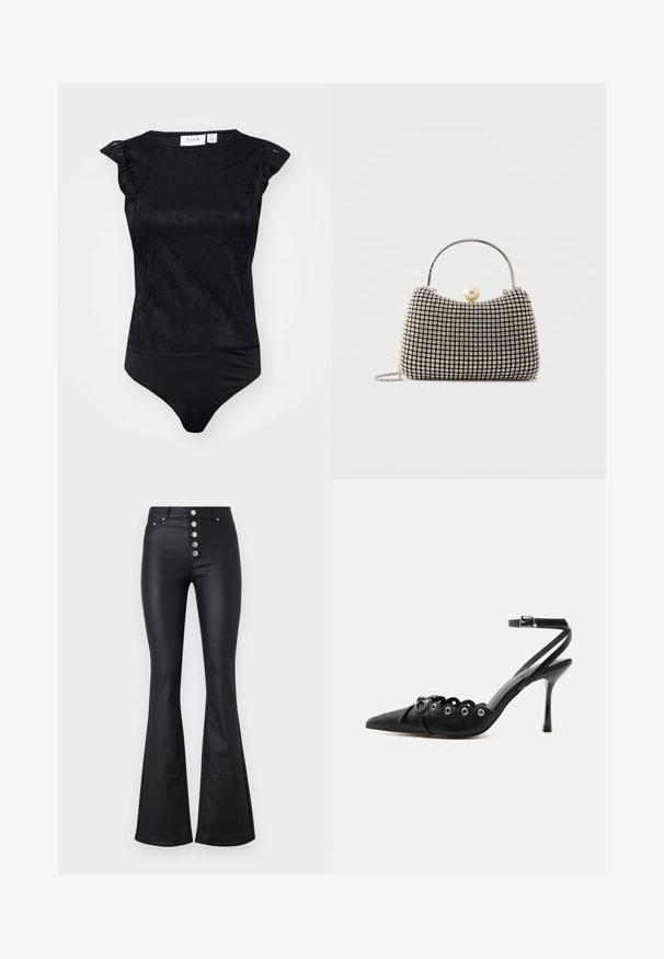 Schwarzer Body mit einem strukturierten Blumenmuster, kurzen Ärmeln und einer taillierten Passform. Glattes Material mit einem nahtlosen unteren Rand.; Schwarze, ausgestellte Hose aus glattem, dehnbarem Material mit hoher Taille und fünf metallischen Knöpfen auf der Vorderseite. Mit zwei seitlichen Taschen.; Schwarzer, spitzer High-Heel-Schuh mit geschwungenen Kanten, Metallösen, Schnürung vorne und Knöchelriemen mit Schnallverschluss.; Kleine Handtasche mit silbernem Gittermuster, gebogenem Griff, großem Perlenverschluss und einem dünnen silbernen Kettenriemen auf schlichtem Hintergrund.