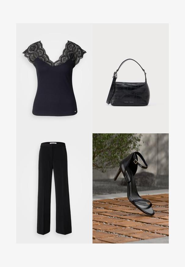 Top de tirantes negro de canalé con un escote profundo en V y detalles de encaje en los hombros y bordes festoneados. Acentos de hardware mínimos en el dobladillo.; Pantalones anchos negros con una textura suave, que cuentan con una cinturilla ajustada y un diseño minimalista. Sin patrones ni acentos visibles.; Sandalia negra de tacón alto con correa en el tobillo, parece suspendida sobre un suelo de baldosas de madera al aire libre, con un fondo difuminado de vegetación y piedra.; Bolso de hombro de cuero negro con relieve de cocodrilo, asa superior e impresión del logo en el frente.