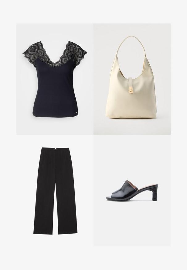 Top de tirantes negro de canalé con un escote profundo en V y detalles de encaje en los hombros y bordes festoneados. Acentos de hardware mínimos en el dobladillo.; Anna Field Pantalones - black; Mules de cuero negro con punta abierta, diseño curvo, tacón bloque bajo y textura suave. Detalles en el tacón que imitan la madera.; Bolso hobo de cuero color crema con una sola correa para el hombro, textura suave y detalle de cierre metálico dorado en el frente.