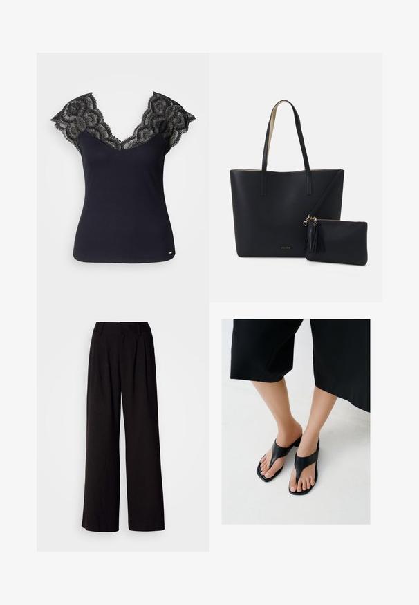 Débardeur noir à côtes avec un décolleté en V profond, agrémenté de détails en dentelle aux épaules et de bords festonnés. Accents de quincaillerie minimalistes à l'ourlet.; Pantalon large noir en tissu lisse, avec des plis à l'avant, une taille ajustée, et sans motifs ni accents visibles.; Pieds portant des sandales à talons noirs à bouts carrés avec des larges brides, associés à un pantalon noir court sur un sol clair.; Sac fourre-tout noir avec un matériau texturé, deux longues anses et une pochette zippée amovible avec un détail de pompon. Logo de la marque en orvisible.
