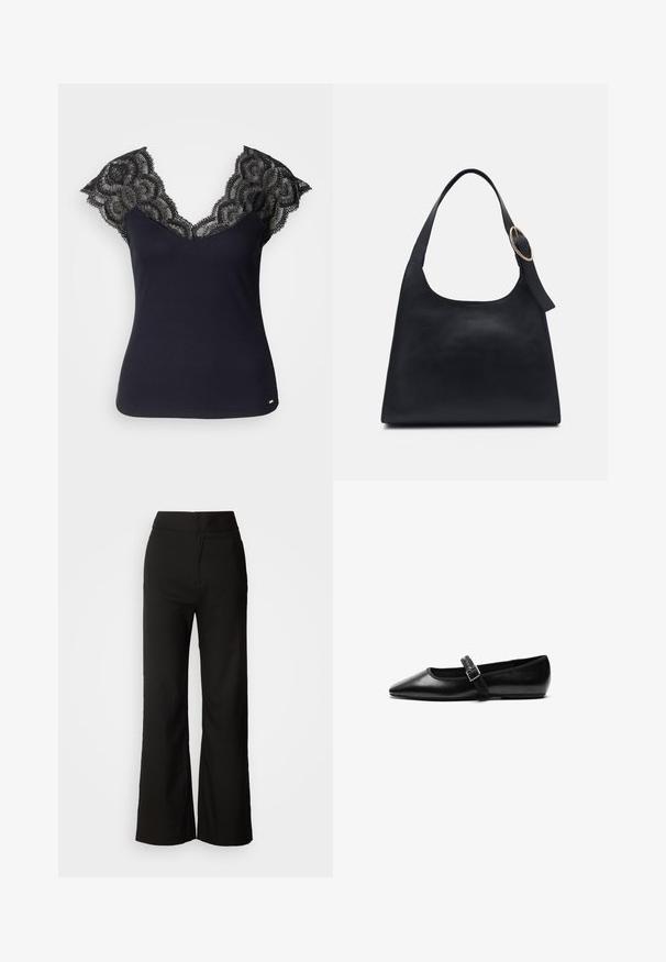 Top de tirantes negro de canalé con un escote profundo en V y detalles de encaje en los hombros y bordes festoneados. Acentos de hardware mínimos en el dobladillo.; Pantalones de pierna ancha negros con una textura suave, cintura alta y un diseño limpio. Sin bolsillos visibles ni adornos.; Zapato plano negro de cuero con punta afilada, correa ajustable con hebilla de metal, textura suave y diseño minimalista.; Bolso tote de cuero negro con textura suave, cuerpo redondeado y una sola correa de hombro con un acento de hardware dorado circular.