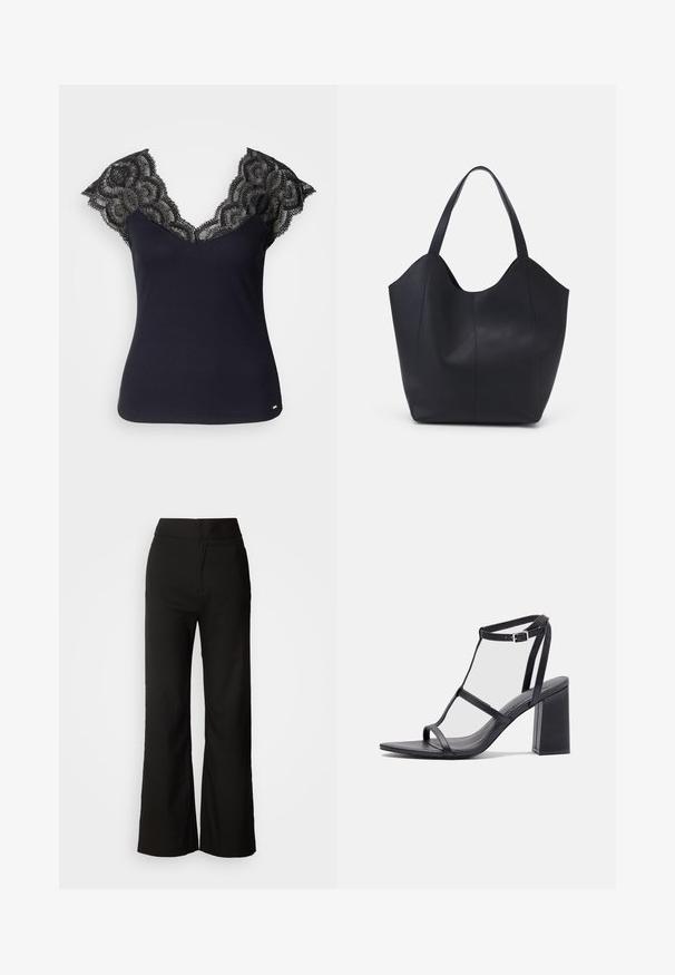 Schwarzes, geripptes Tanktop mit tiefem V-Ausschnitt und Spitzenverzierungen an den Schultern sowie gewellten Kanten. Minimale Hardware-Akzente am Saum.; Schwarze weit geschnittene Hosen mit glatter Textur, hoher Taille und klarem Design. Keine sichtbaren Taschen oder Verzierungen.; Schwarze Absatzsandalen mit quadratischer Zehenpartie und Blockabsatz. Verfügt über dünne Riemen und eine verstellbare Knöchelchnalle. Glatte Lederoberfläche.; Schwarze Tote-Bag aus glattem Leder, mit einem abgerundeten, offenen Oberteil, zwei Schulterträgern und einem minimalistischen Design.