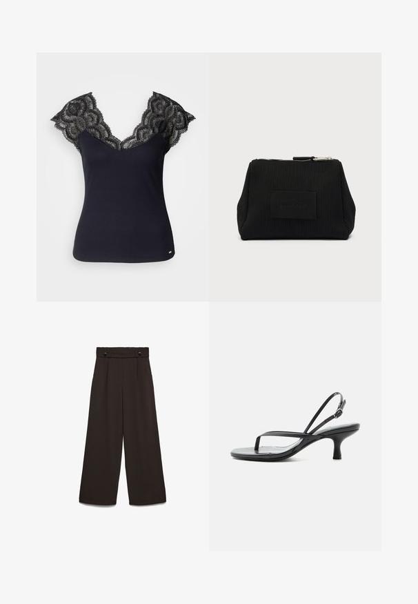 Sort ribbet tanktop med en dyb V-udskæring og blonderdetaljer ved skuldrene samt bølget kant. Minimal hardware-accenter ved kanten.; Bukser med vide ben i mørkebrun stof, med høj talje, to lommer foran og to knapper foran til lukning. Glat tekstur.; Sort sandal med tynde stropper, lav kittenhæl, tynd tællerem og justerbar ankelrem med sølvspænde, på hvid baggrund.; Sort tekstureret rektangulær pung med lynlåslukning og et lille stoflogo placeret midt på forsiden.