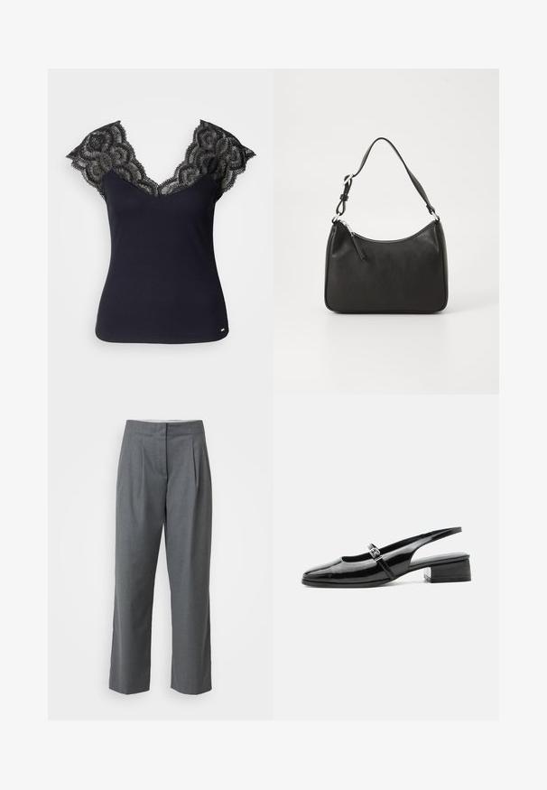 Top de tirantes negro de canalé con un escote profundo en V y detalles de encaje en los hombros y bordes festoneados. Acentos de hardware mínimos en el dobladillo.; Pantalones de tela gris ajustados con corte recto, que presentan una textura suave, pliegues en la parte delantera y bolsillos laterales. Sin herrajes ni acentos visibles.; Zapato slingback de charol negro con tacón bajo y grueso y una fina correa con hebilla de plata en la parte superior.; Bolso de mano de cuero negro con forma curvada, una sola correa, cierre de cremallera y marcas sutiles en la parte frontal. Textura suave, diseño minimalista.