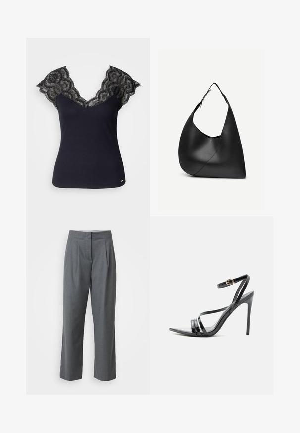 Schwarzes, geripptes Tanktop mit tiefem V-Ausschnitt und Spitzenverzierungen an den Schultern sowie gewellten Kanten. Minimale Hardware-Akzente am Saum.; Graue maßgeschneiderte Hosen mit geradem Bein, die eine glatte Textur, Bundfalten und Schlitztaschen aufweisen. Keine sichtbaren Beschläge oder Akzente.; Schwarze Sandale mit hohem Absatz und dünnen Riemen über den Zehen und am Knöchel, mit einer goldenen Schnalle an einem schlanken Stiletto-Absatz.; Schwarze Leder-Schultertasche mit geschwungener dreieckiger Form, einem verstellbaren Einzelriemen und sichtbarer diagonaler Naht auf der Vorderseite.