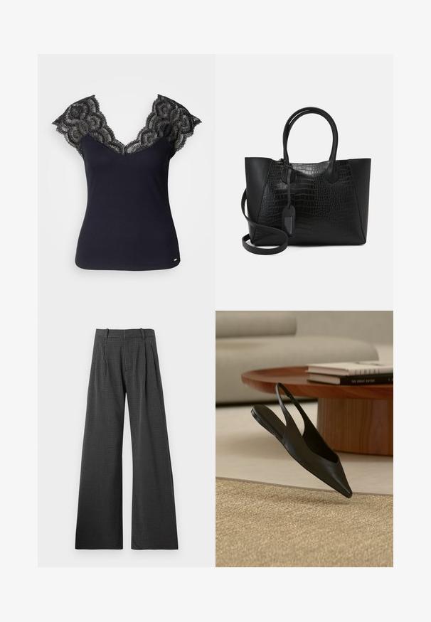 Top de tirantes negro de canalé con un escote profundo en V y detalles de encaje en los hombros y bordes festoneados. Acentos de hardware mínimos en el dobladillo.; Pantalones de pierna ancha en blanco y negro con estampado de pied de poule y pliegues delanteros. Fabricados con una tela texturada, presentan una cintura ajustada y bolsillos.; Zapato plano negro de punta puntiaguda con tira trasera cerca de una mesa redonda de madera con libros apilados sobre una alfombra beige en una sala de estar moderna.; Bolso de mano negro con un diseño texturizado de cocodrilo en un lado, material liso en el otro, dos asas y una correa removible.