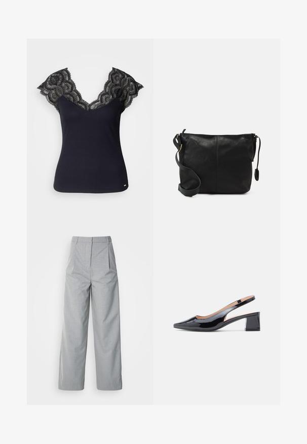 Schwarzes, geripptes Tanktop mit tiefem V-Ausschnitt und Spitzenverzierungen an den Schultern sowie gewellten Kanten. Minimale Hardware-Akzente am Saum.; Grauweite Beinhosen aus strukturiertem Stoff, mit hoher Taille, Falten an der Vorderseite und geradem Schnitt bis zum Saum.; Schwarzer Slingback-Pumps aus Lackleder mit spitz zulaufender Schuhspitze und stabilem Blockabsatz, seitlich mit Ausschnittdetail.; Schwarze Leder-Umhängetasche mit flacher Form, goldenen Hardware-Details und einem verstellbaren Tragegurt. Glatte Textur mit minimalen Nähten.