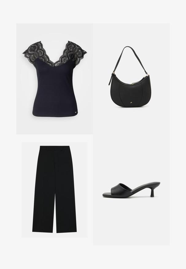 Schwarzes, geripptes Tanktop mit tiefem V-Ausschnitt und Spitzenverzierungen an den Schultern sowie gewellten Kanten. Minimale Hardware-Akzente am Saum.; Schwarzweite Hosen mit weitem Bein aus glattem Stoff. Besitzt einen flachen Bund mit Gürtelschlaufen und ohne sichtbare Taschen. Schlichtes Design.; Schwarze Rutschsandalen mit einer glatten Lederoberfläche, offener Zehenpartie und einem niedrigen, glänzenden Absatz. Minimalistisches Design mit geschwungener Form und eleganter Oberfläche.; Schwarze Lederhandtasche mit geschwungenem Design, strukturiertem Material, vorderen Nähten und einem Logo in Goldtönen. Verfügt über einen einzelnen verstellbaren Tragegurt.