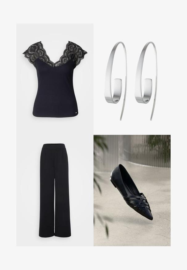 Sort ribbet tanktop med en dyb V-udskæring og blonderdetaljer ved skuldrene samt bølget kant. Minimal hardware-accenter ved kanten.; ONLY Tall ONLNEW KLARA EVI LIFE CLEAN - Bukser - black; Sorte læder balletflade med vævet stropdesign, spids tå og glansfuld finish. Letvægts med en lav hæl, sat op imod en neutral baggrund.; Sølv hoops øreringe med et slankt, forlænget design. Lavet af poleret metal med en glat overflade og minimalistisk stil.