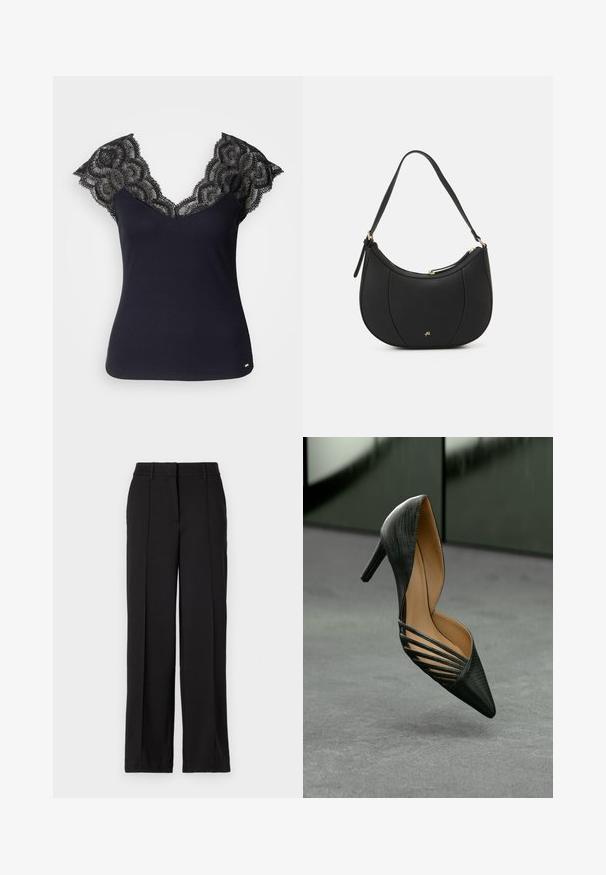 Sort ribbet tanktop med en dyb V-udskæring og blonderdetaljer ved skuldrene samt bølget kant. Minimal hardware-accenter ved kanten.; Sorte bukser med en lige ben design, der har to forreste folder, en talje og ingen synlige lommer eller dekorative elementer.; Sort højhælet sko med spids tå, tekstureret overflade og særprægede udsparinger på siden, præsenteret mod en neutral baggrund.; Sort læderhåndtaske med en buet form, struktureret overflade, forreste syninger og et logo i guldfarve. Har en enkelt justerbar rem.